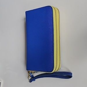 Indigo blue and yellow double zipper wallet